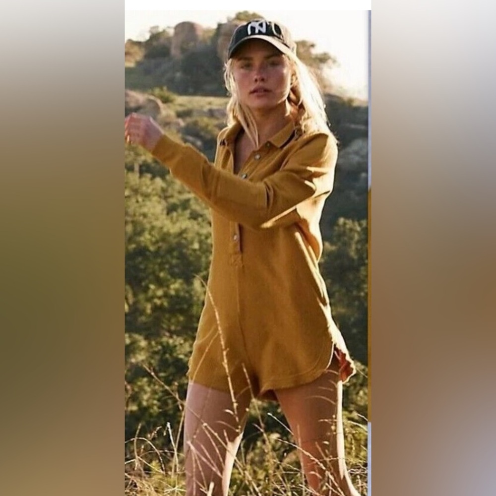 FREE PEOPLE LONG SLEEVE BUTTON UP SHORTS ROMPER
